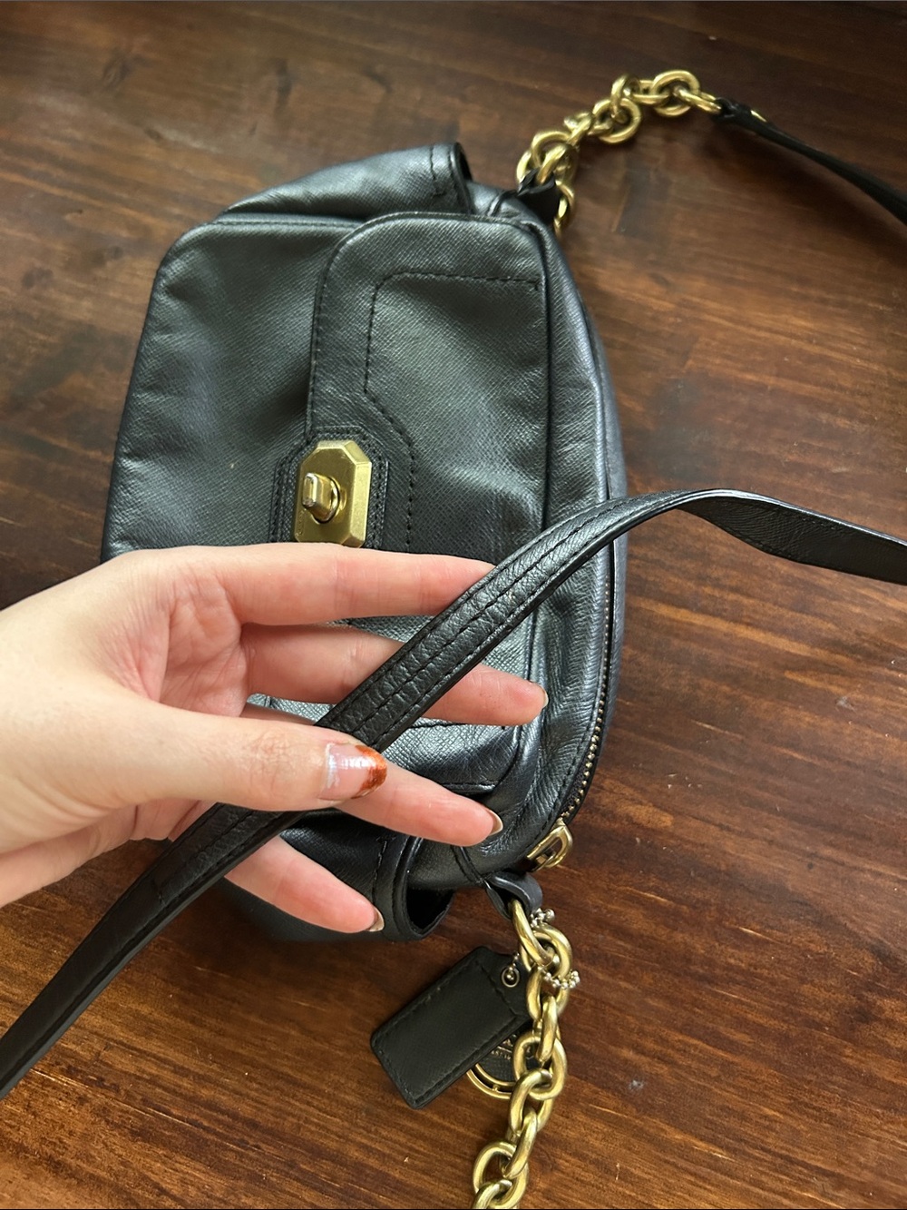 Coach Black Leather Crossbody with Gold-Tone Chain and Turn-Lock Closure - Picture 7 of 7